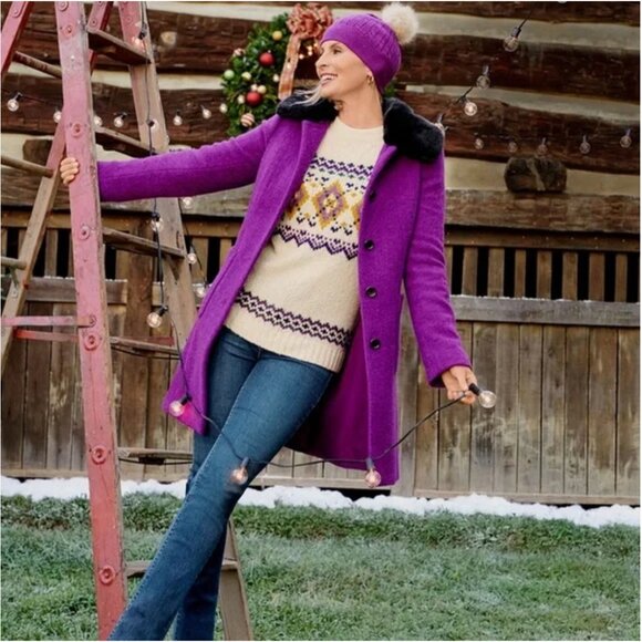 Talbots Cream, Purple, Yellow Fair Isle Mockneck Sweater Small - Picture 2 of 13